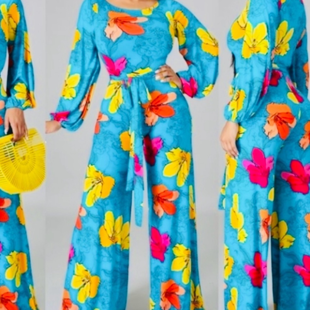 Vibrant Floral Jumpsuit in Blue and Yellow